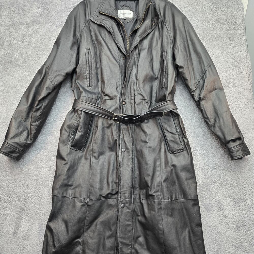 Vintage 90s CHARLES KLEIN Womens 1XT Leather Jacket Belted Trench Coat